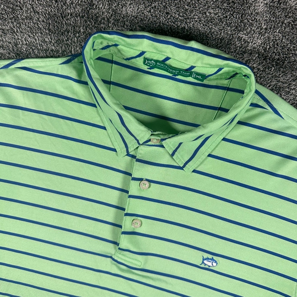Southern Tide Polo Shirt Mens XL Green Striped Performance Skipjack Short Sleeve